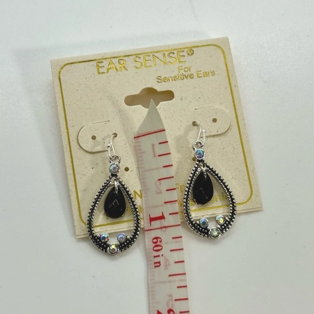 Ear‎ Sense Silver Tone Black Teardrop AB Rhinestone Hypoallergenic Earrings NEW