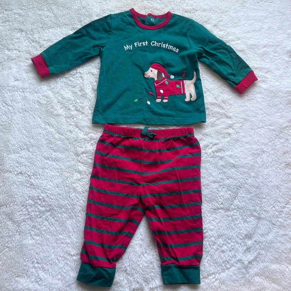 Carters‎ My First Christmas Dachshund Pajama Set Green Red Striped Size 9M