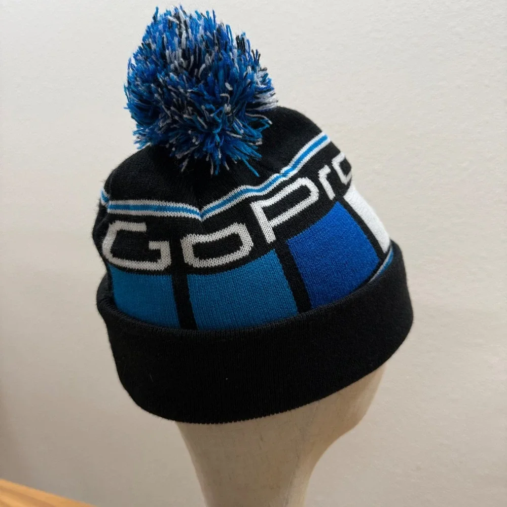 GoPro Camera Company Hat Winter Cuff Pom Beanie Cap‎ Black Blue Logo