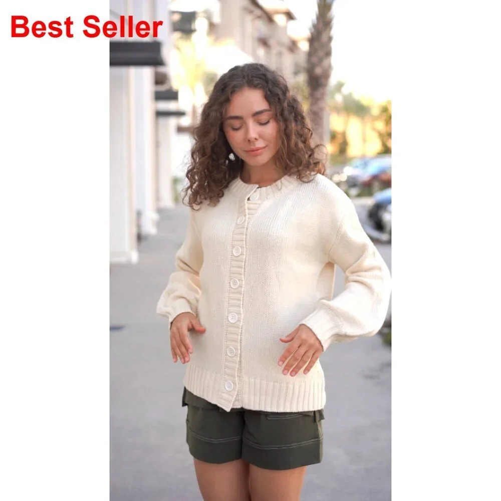Oversized Button Front Cardigan Lantern Sleeve Sweater Open Front Women's