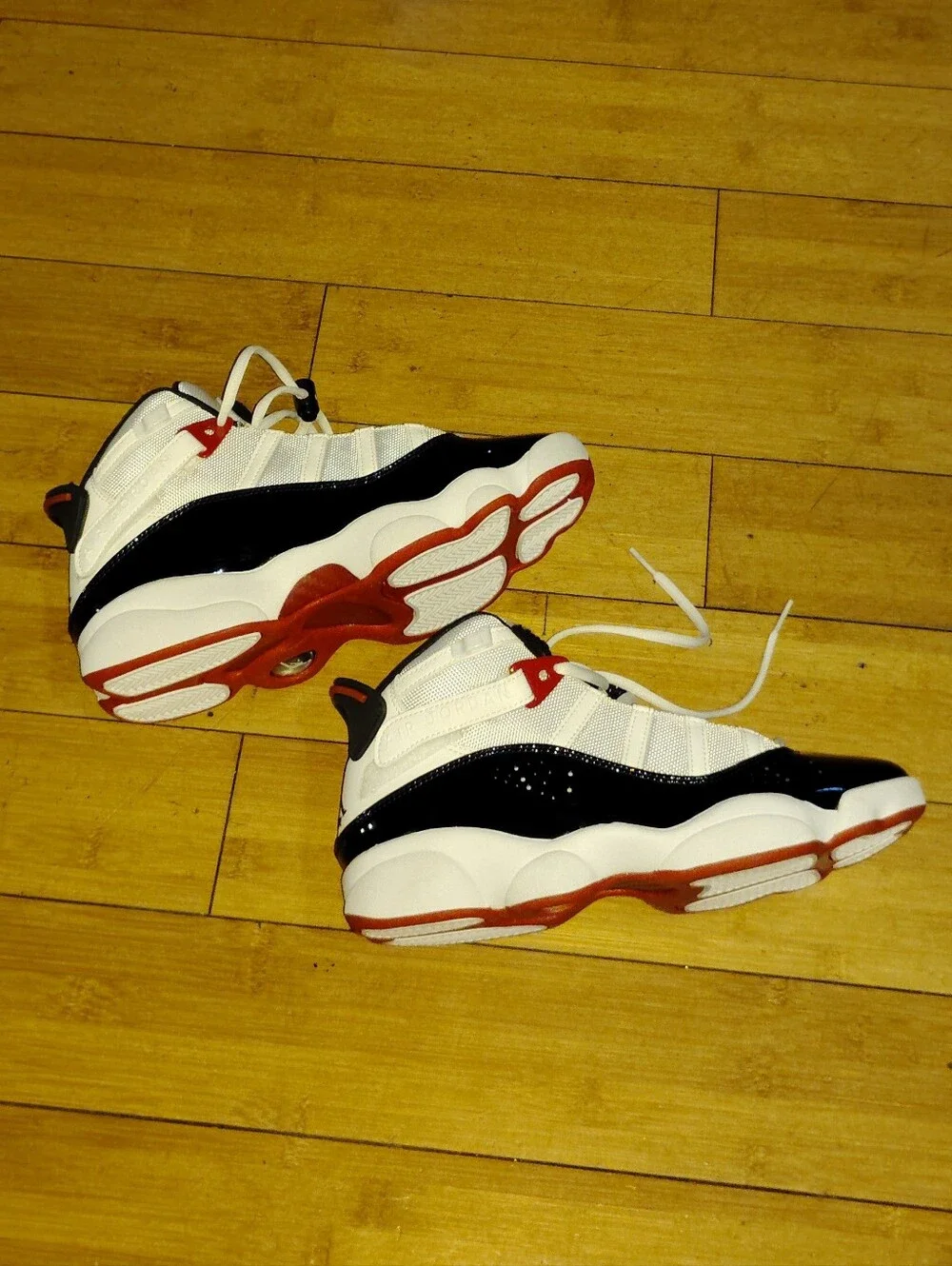Nike Air Jordan 6 Rings Chicago Bulls White With Black Patent Sneakers Sz 7.5