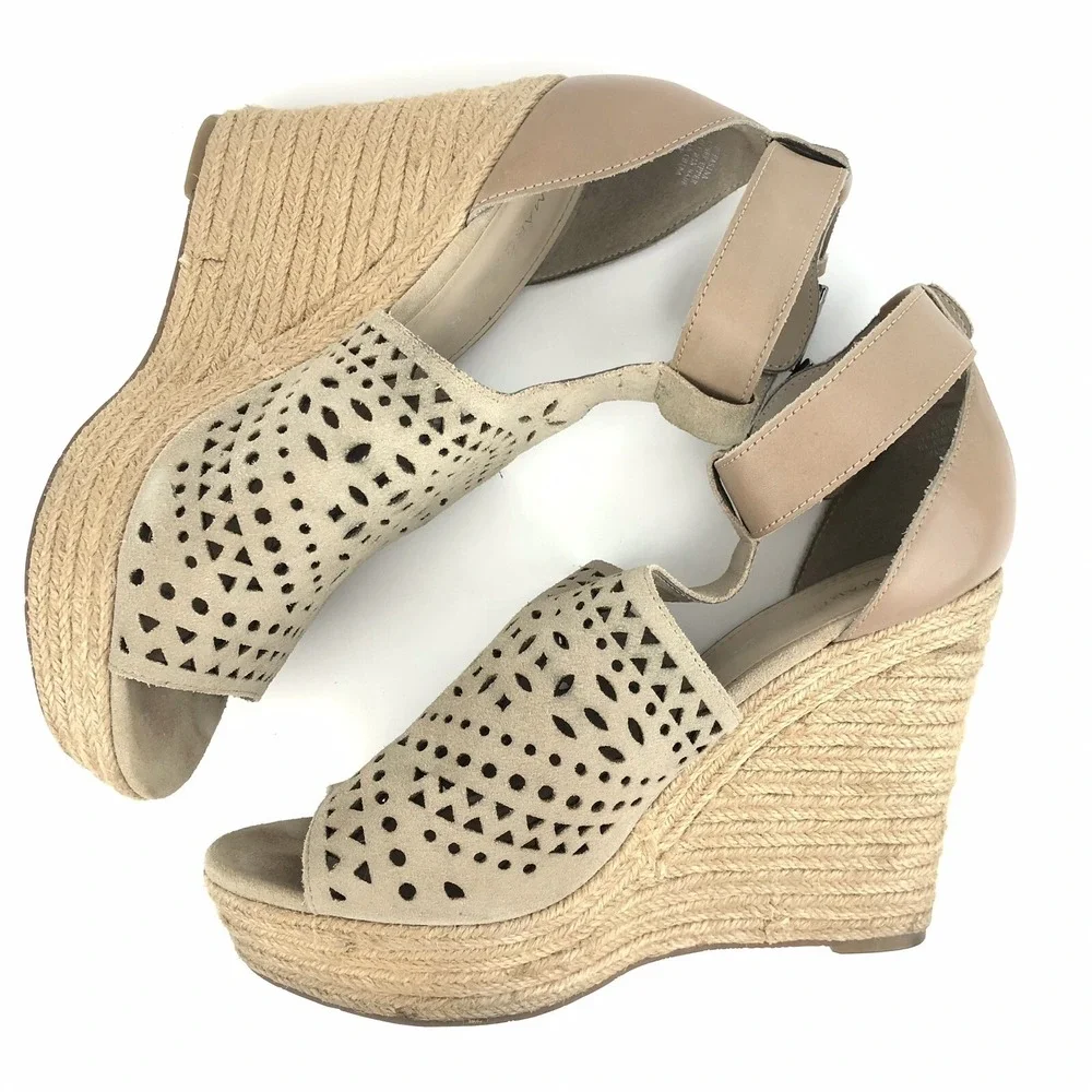 Marc Fisher Hasina Women Wedge Sandals Size 10 Perforated Suede Ankle Strap Jute