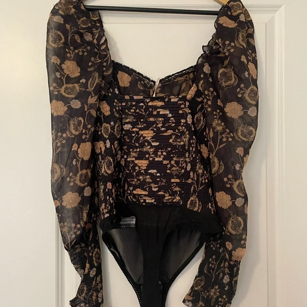 NWT Free People Intimately Brunch Daye Black Combo Floral Sheer Bodysuit