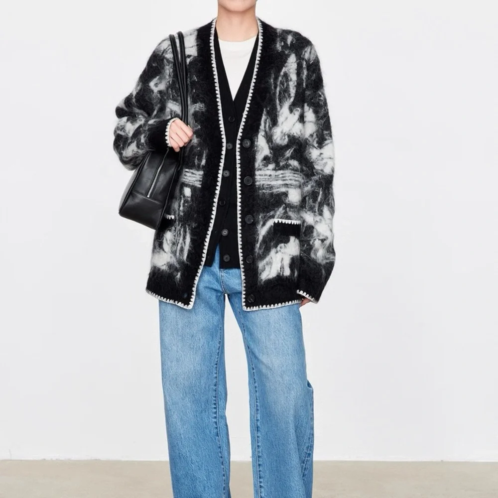 CHICJOC Luxury Mohair Blend Cardigan – Abstract Knit – Size 36