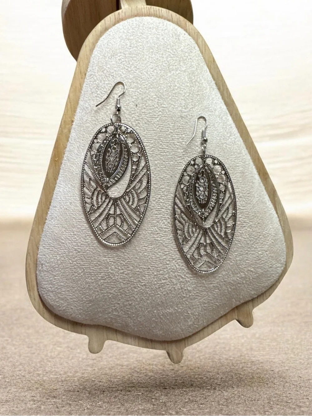 Oval Filigree Drop Earrings in Silver-Tone