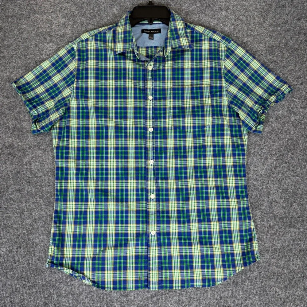 Banana Republic Plaid‎ Shirt Short Sleeve Button Up Green Blue Mens Large (M)