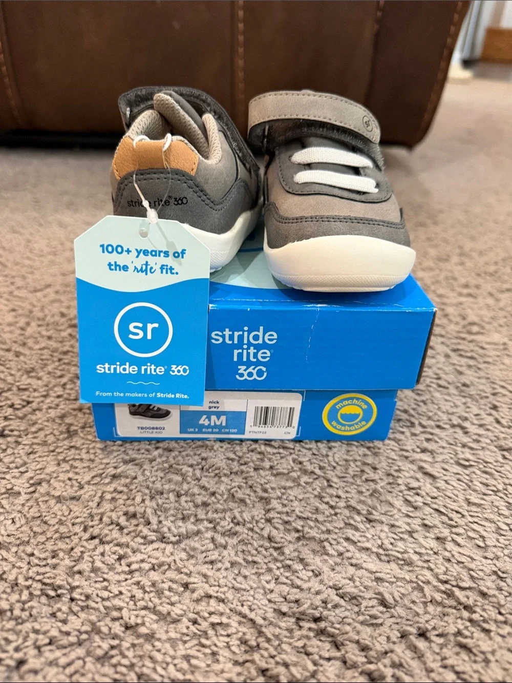 NWT. 4M. Stride Rite Gray and White Toddler Sneakers with Tan Accent