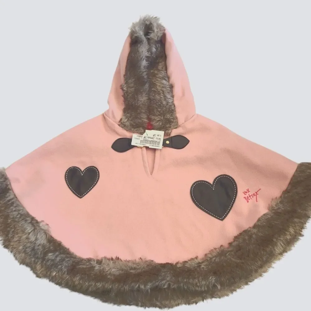 Betsey Johnson‎ Cape Hoodie Toddler Pink Felt With Hearts Faux Fur Sz 18 Mos