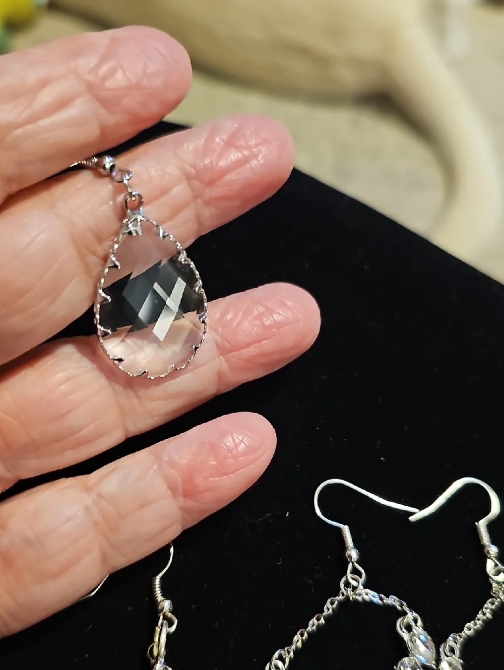 2 Pair Of Crystal Drop Dangle Earrings - Silver Tone. Chandelier Prong Set Stone