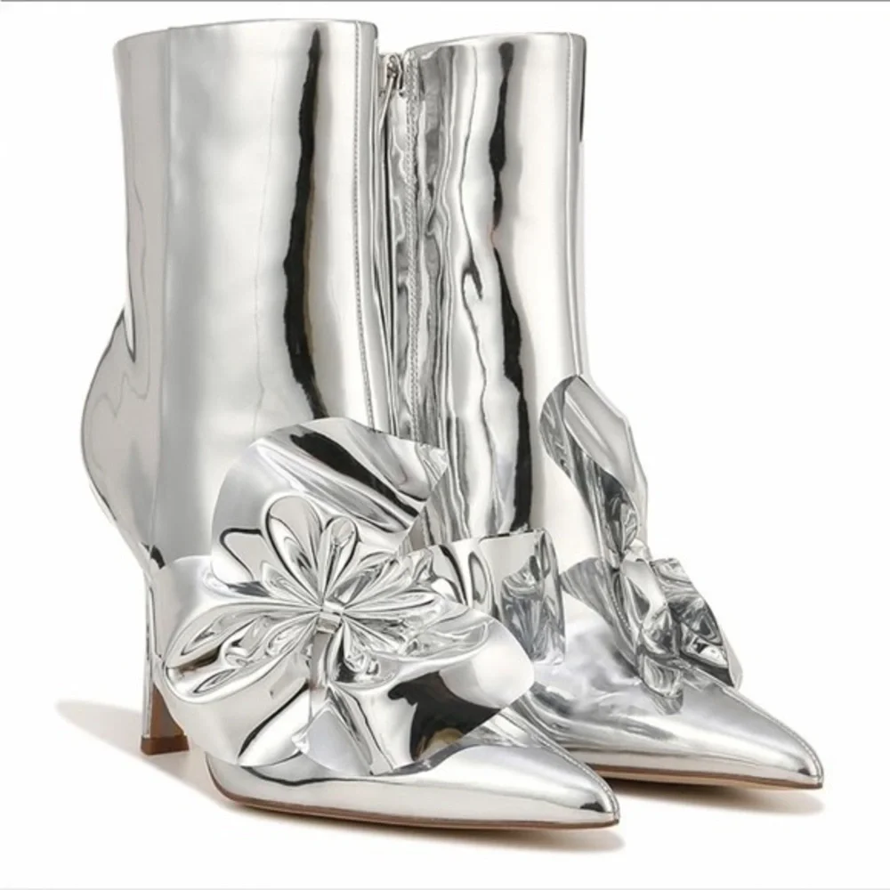 ▶️ Sam Edelman ◀️  Silver Metallic Mirror Bow Esmae Ankle Metallic Boot 11