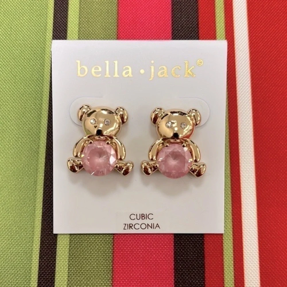 Brand New Bella Jack Teddy Bear Post Earring Gold Tone w/ Pink Stone