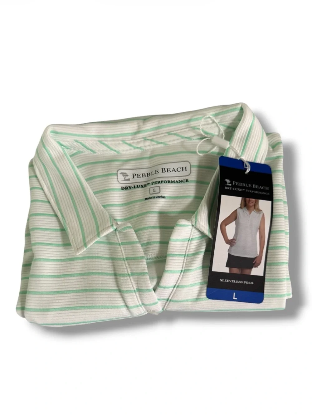 Pebble Beach Womens Collared Sleeveless Polo - Mint Green & White Stripes