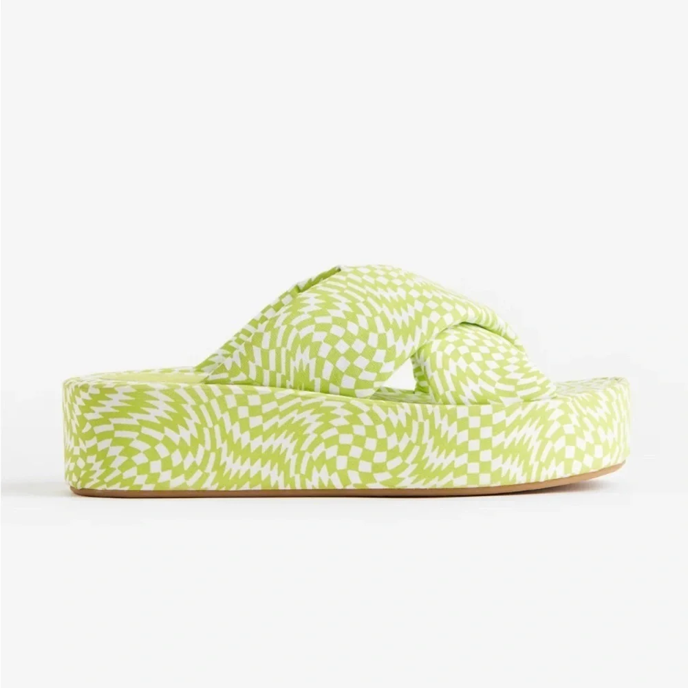 H&M Lime Green Patterned Platform Slide Sandals
