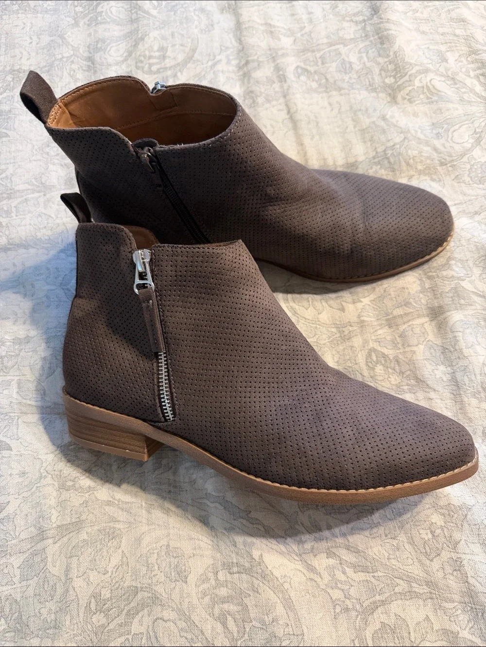Universal Thread Taupe Perforated Suede Ankle Booties with Side Zipper