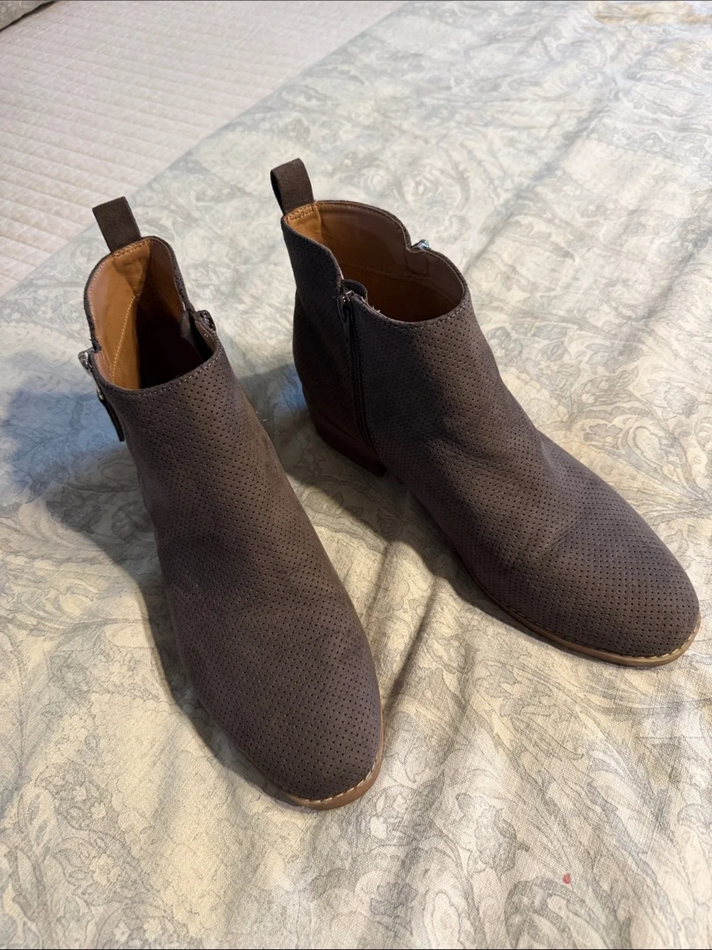 Universal Thread Taupe Perforated Suede Ankle Booties with Side Zipper