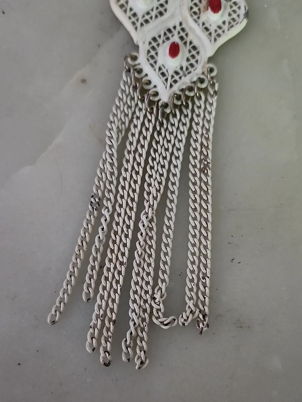 Vtg Unique White Filigree Tassel Pendant with Red Accents