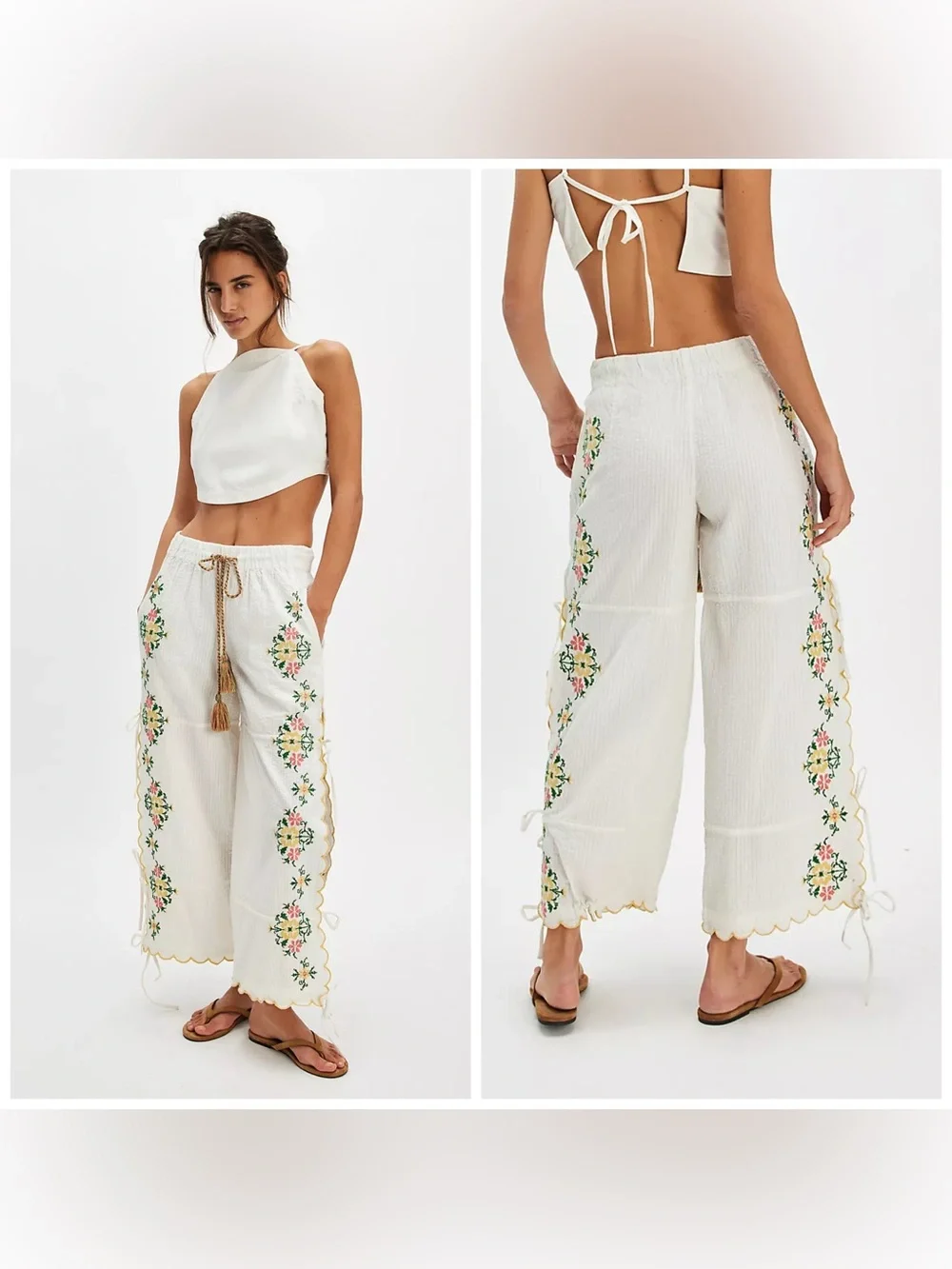 Free‎ People Spring Breeze Tie Pants Embroidered White Floral Medium