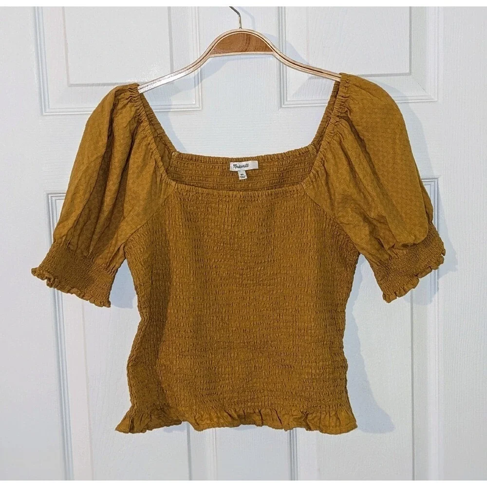 Madewell‎ Smocked Top Square Neck Puff Sleeve Blouse Yellow Gold XS