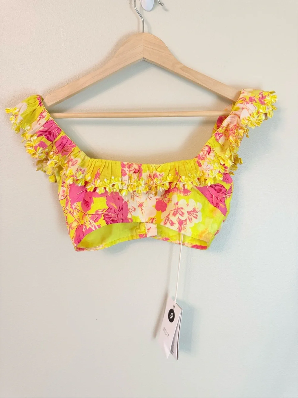 Hemant & Nandita Auril Floral Ruffle Crop Top NWT XXS Yellow Linen Retrofete