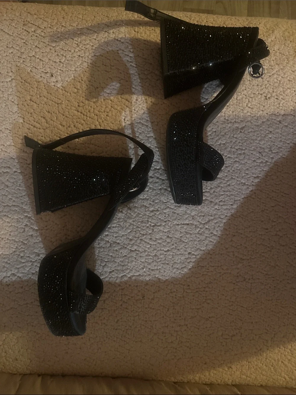 Black Glitter Platform Block Heel Sandals