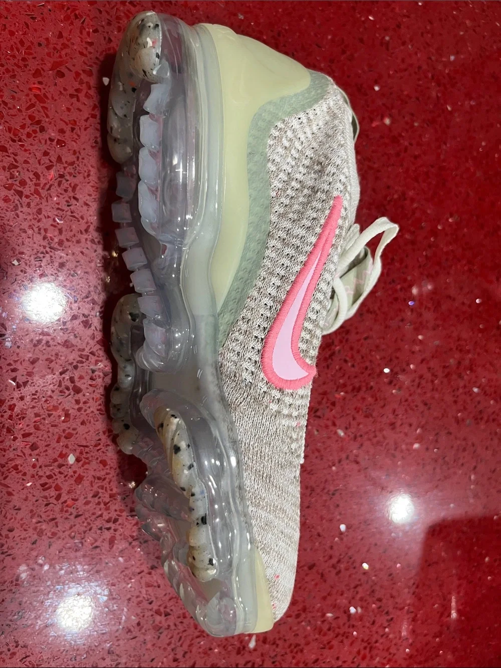 Nike Women's Vapormax Light Beige Knit Running Shoes with Pink Swoosh