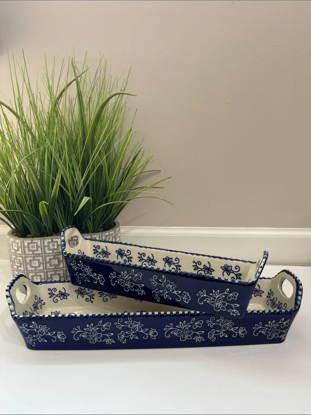 Temptations-Blue and White Floral Ceramic Serving Trays - Set of 2