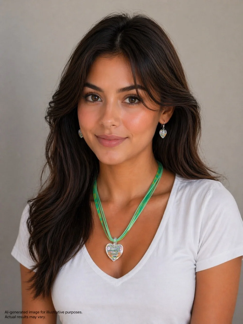 Green Glass Heart Necklace & Earrings Set Ribbon Cord Pendant