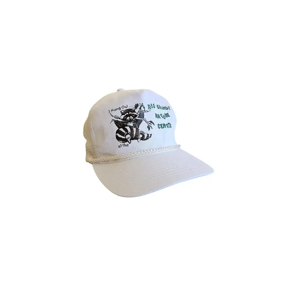 Racoon Hat, Rio Grande Nature Center Cap, Golf Rope, White Snapback 1980s