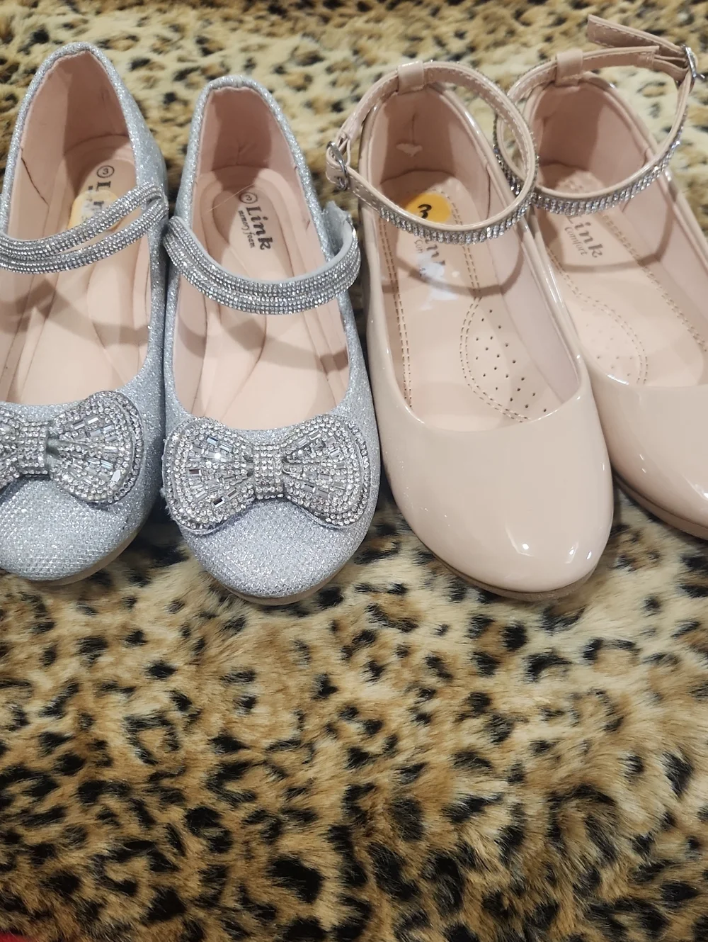 Link Girls Sparkling Silver Bow & Nude Patent Ankle-Strap Dress Shoes Set