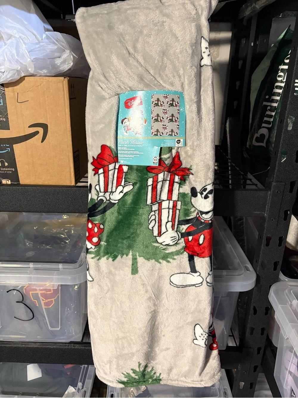 Disney Mickey & Minnie Holiday Plush Throw - Gray, Green & Red