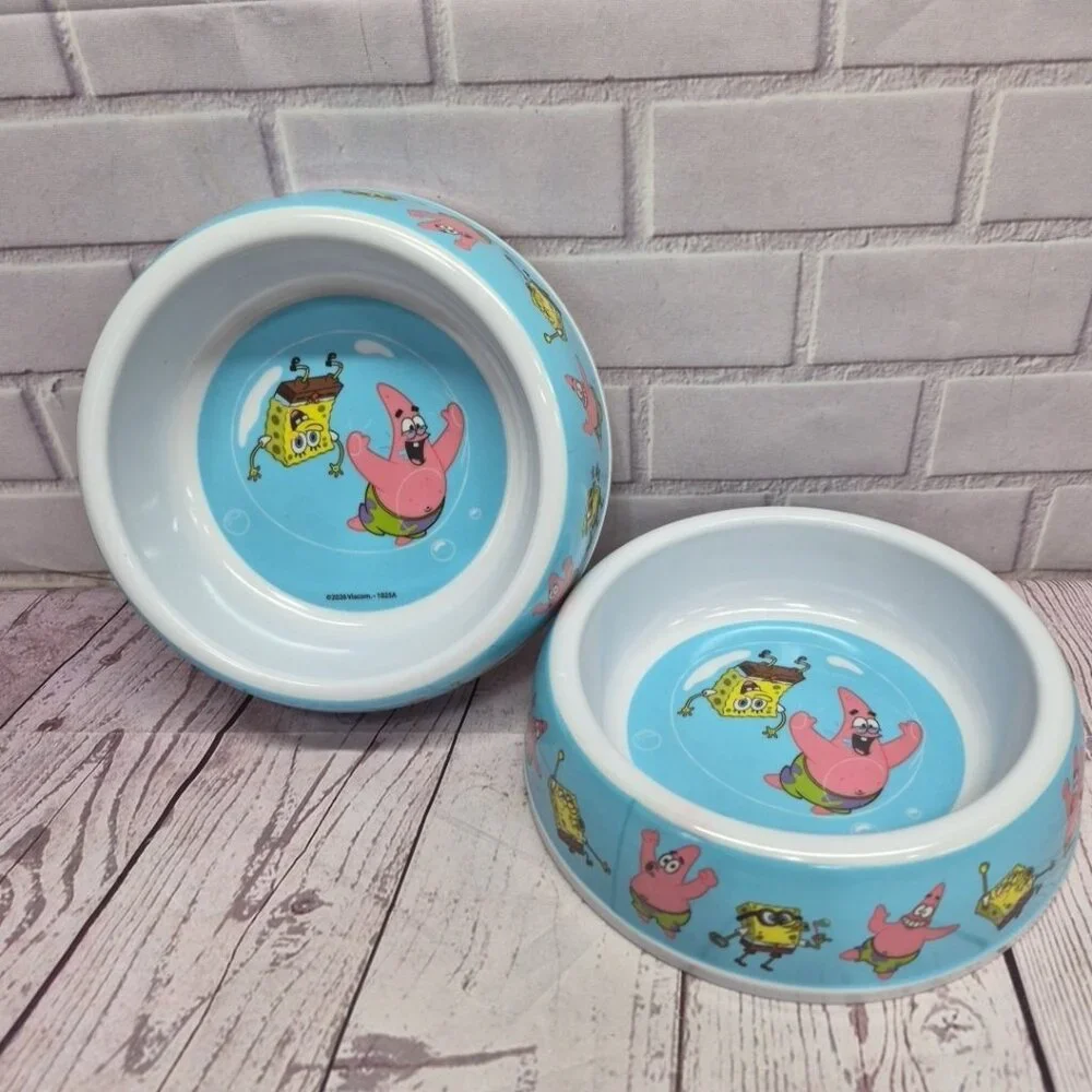 SpongeBob SquarePants Pet Bowl Dog Cat Food‎ Water Dish, Blue, 7in Dia, Lot Of 2