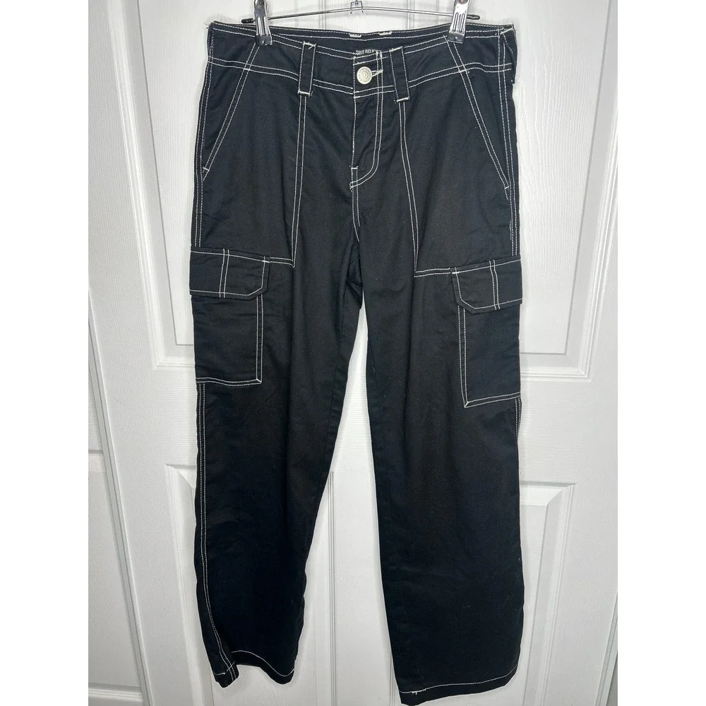 True Religion Men's 27 Black Cargo Pants White Contrast Stitch Big T Military SN