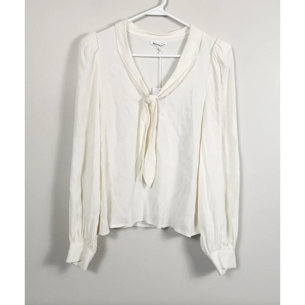 Reformation Anaya Top Gossamer White Tie Neck Puff Sleeve Blouse XS NEW