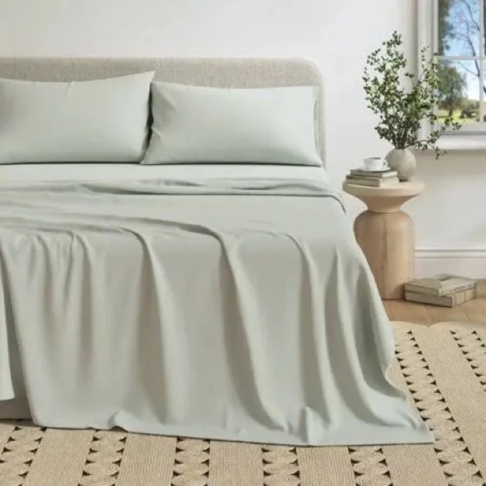 Cotton Heathered Melange Jersey Knit Bed Sheet Set, Queen, Green
