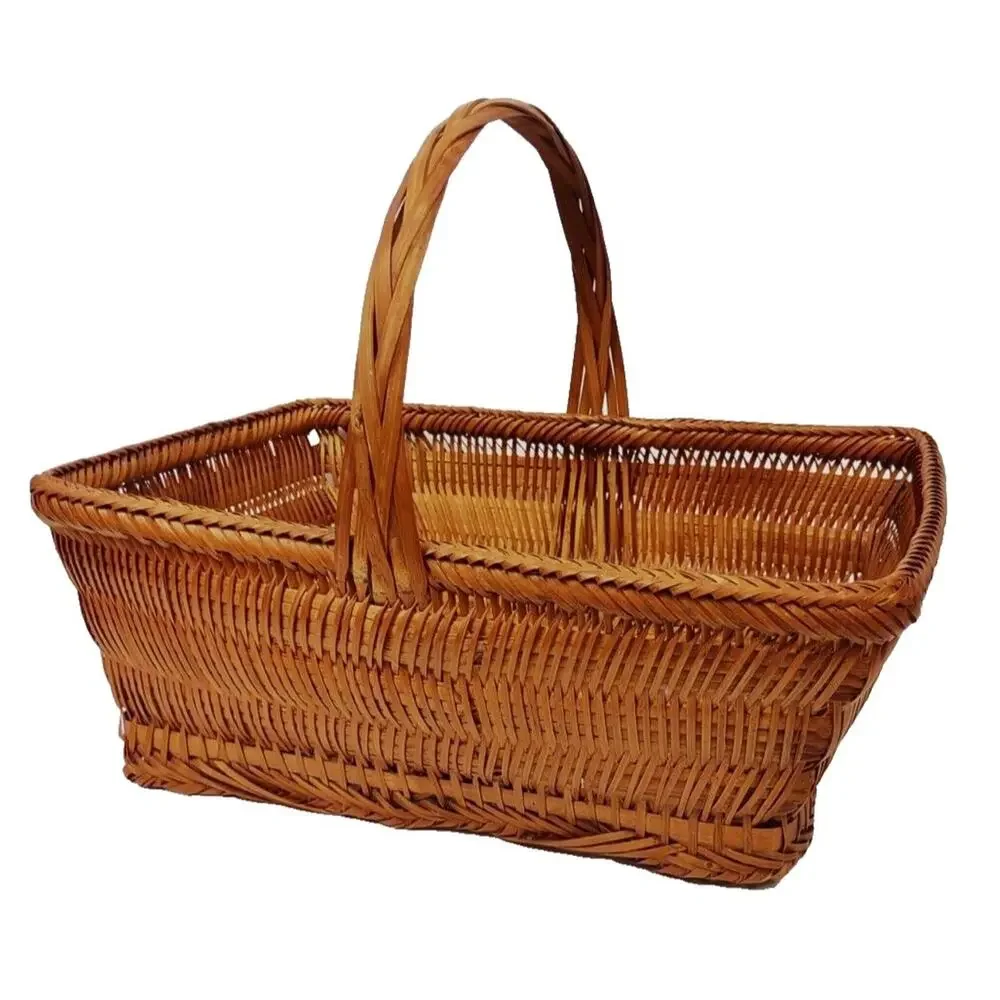 Antique Chinese Split Bamboo Handmade Woven Gathering Basket with Handle 14