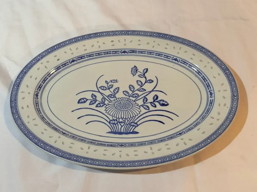 Vintage Chinese Rice Grain Porcelain Blue White Oval Serving Platter 15” Floral