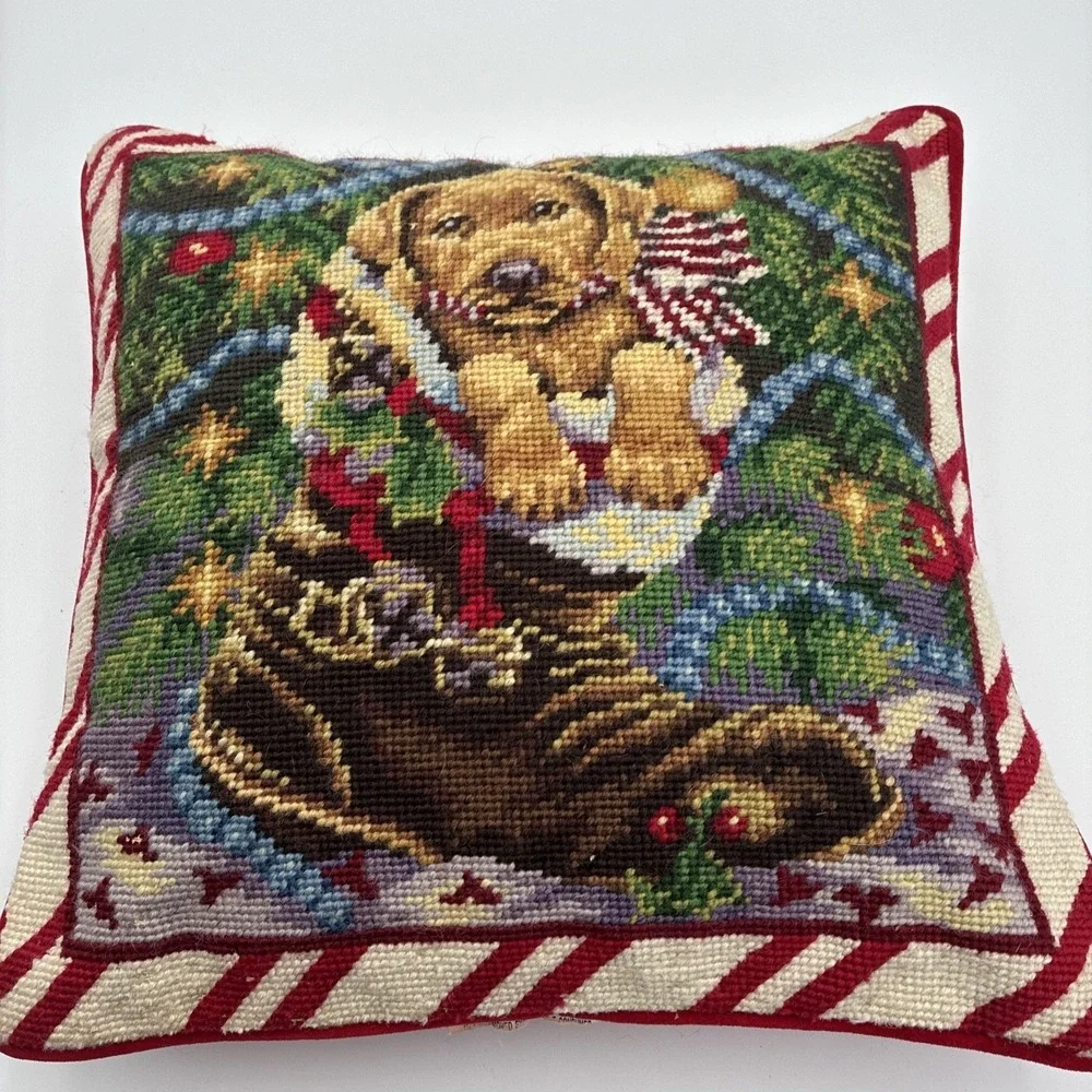Vintage Christmas Needlepoint Pillow Golden Retriever Puppy in Boot Red Velvet