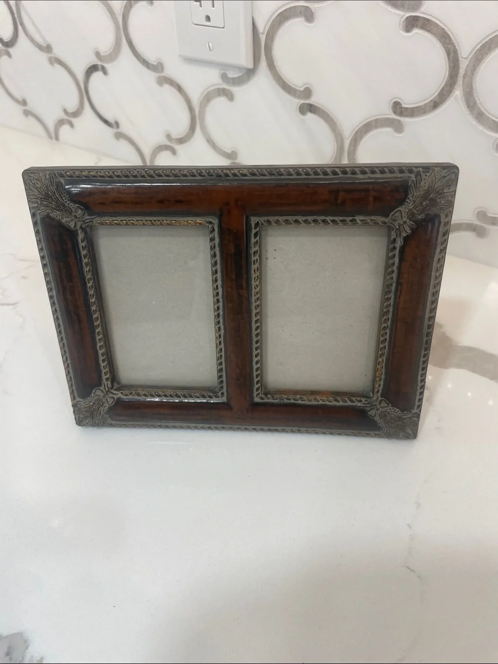 Double Photo Frame in Brown Wood and Silver Accent - Unbranded