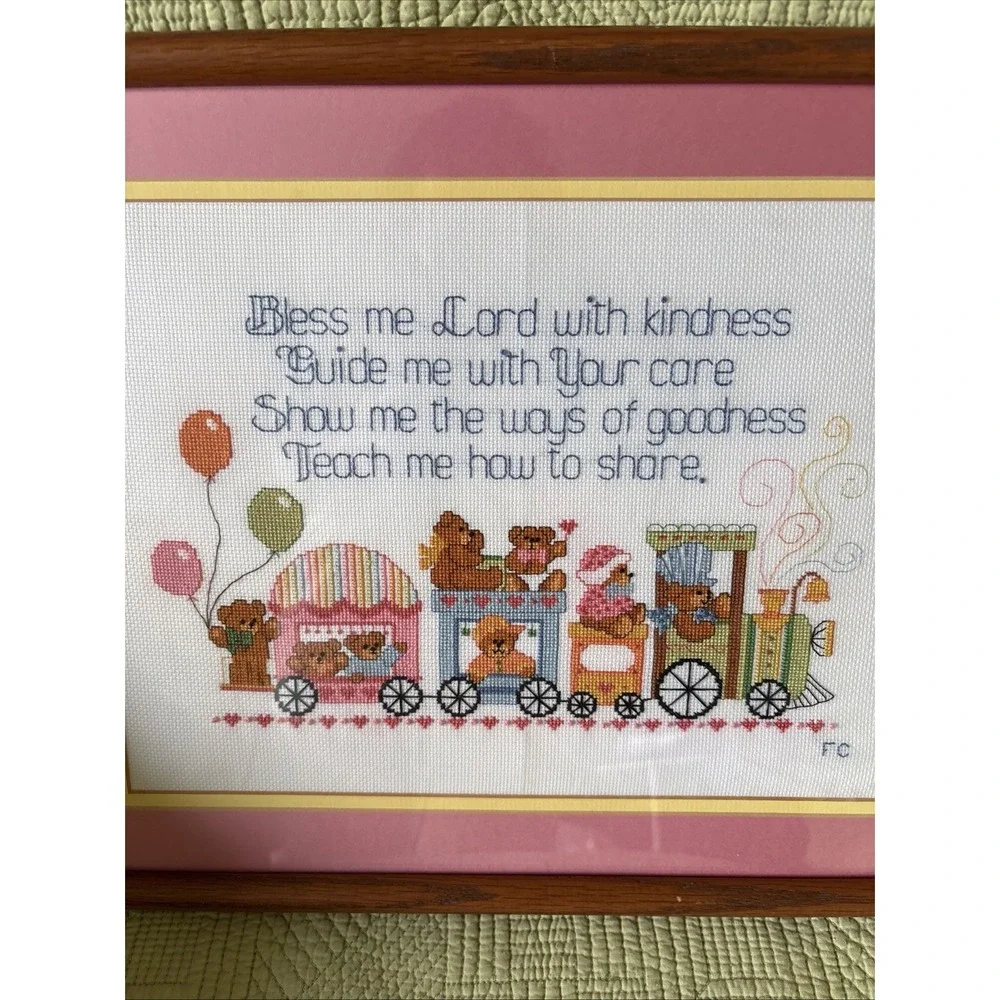 Handmade NeedlePoint Teddy Bear Train Nursery Prayer Wood Framed Wall Art 16x13