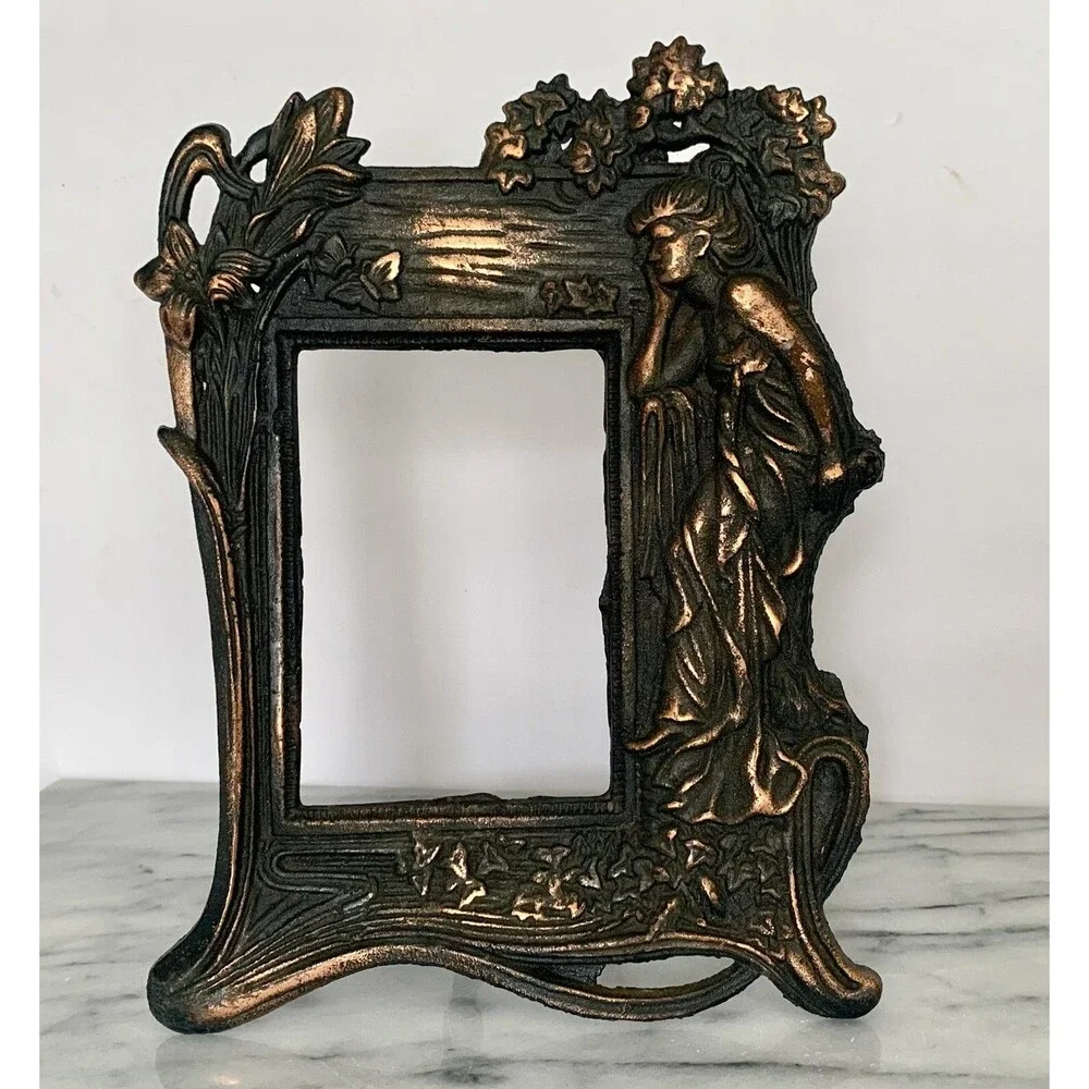 VTG Cast Iron W Copper Wash Photo Frame Art Nouveau Woman Floral w Stand