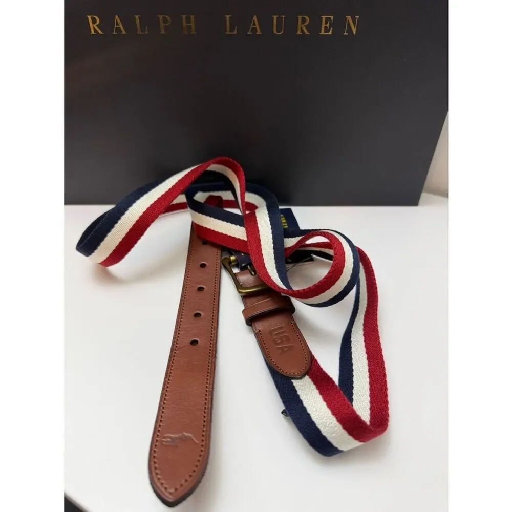 Polo Ralph Lauren Men’s 3X Canvas Stripe Belt Leather Golf Classic Preppy
