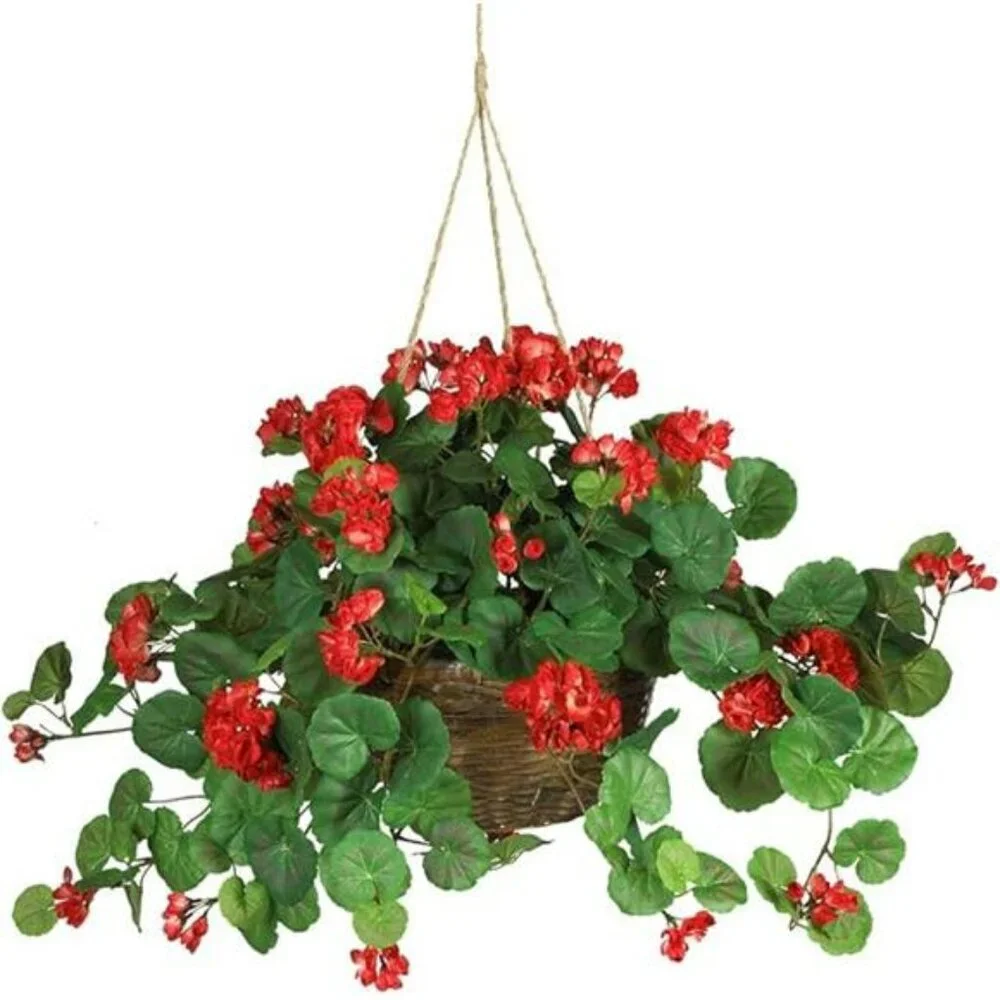 Nearly Natural Red Geranium Hanging Basket 24in Faux Silk Plant Home Decor