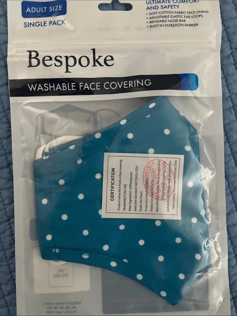 Bespoke White & Teal Polka Dot Face Mask. four white Port Authority and one KN95
