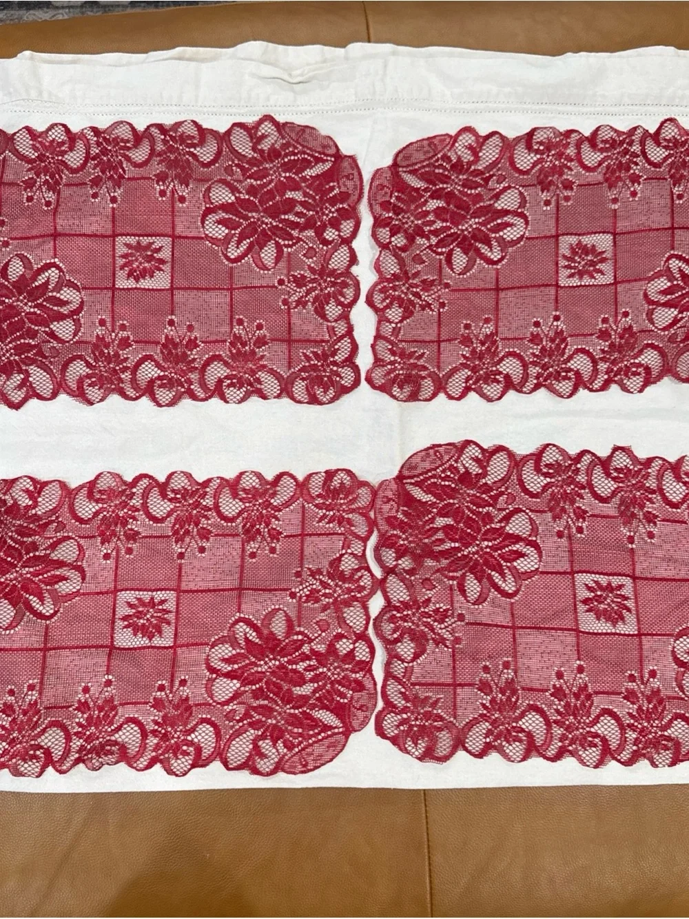 4 Christmas Lace Placemats Red Holiday Doilies Poinsettia Floral 17” x 11”