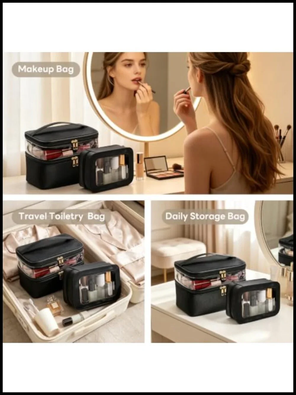 Leather Double Layer Large Capacity Travel Cosmetic Organizer Bag Set of 2