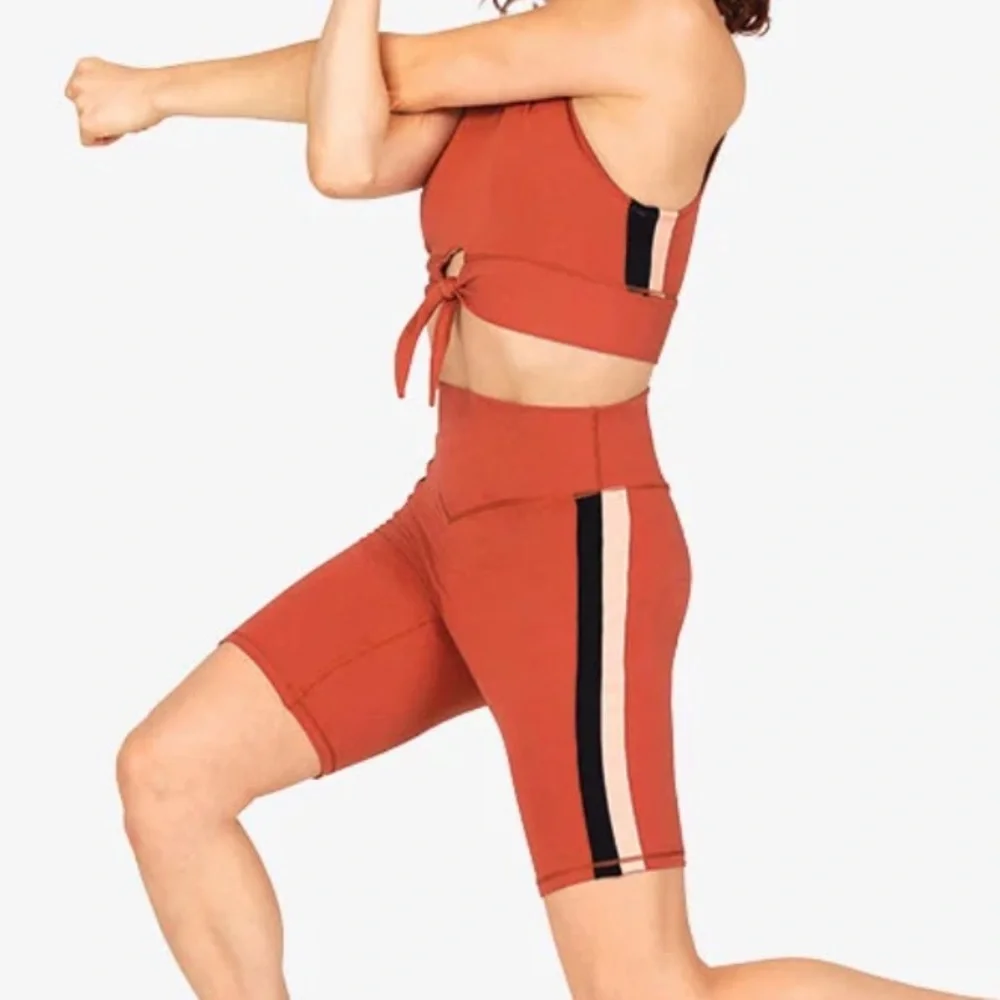 Mariia Burnt Orange Rust Active Crop Top tie front and Biker Shorts adult XS NWT