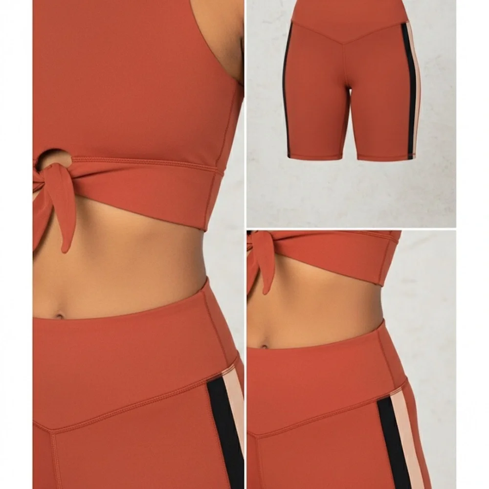 Mariia Burnt Orange Rust Active Crop Top tie front and Biker Shorts adult XS NWT