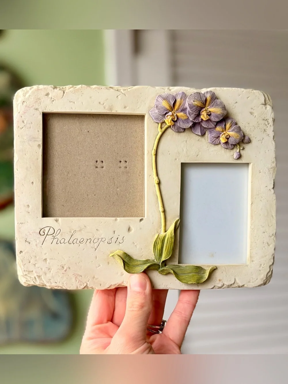 Phalaenopsis Floral Ceramic Double Photo Frame - Cream with Purple Accents