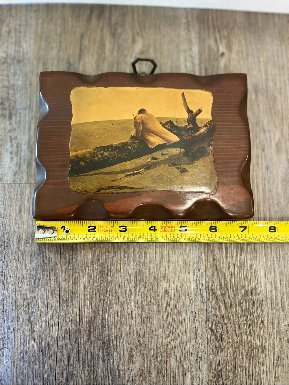 Vintage wood plaque featuring April Wind picture art- brown