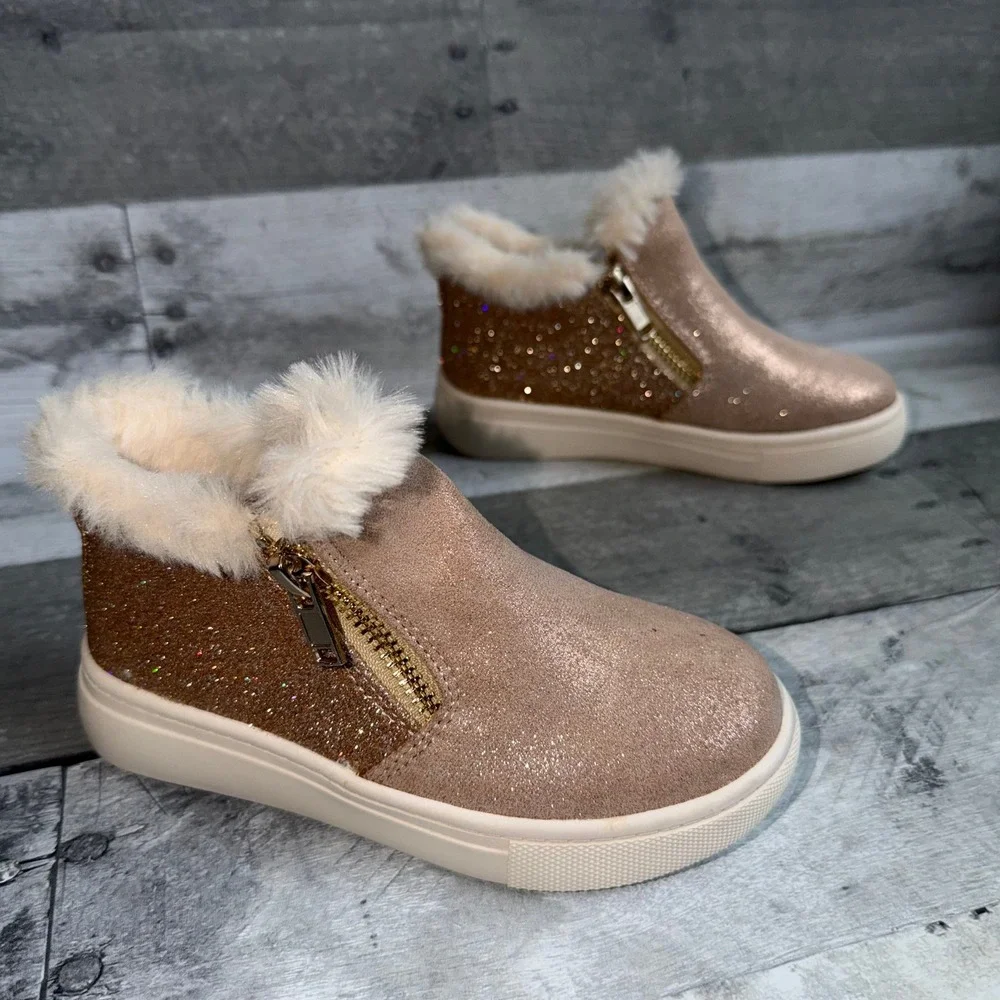 Maggie & Zoe Kids Girls Rose Gold Glitter Faux Fur Trim Ankle Boots Size 9